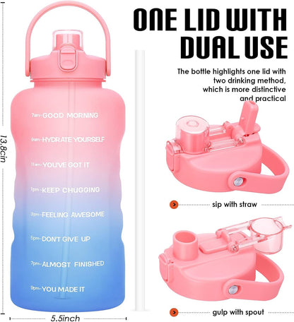 1 Gallon Water Bottles with Straw, 128 Oz / 3.8L Water Bottle BPA Free Innovative 2-IN-1 Lid Gym Bottle with Times to Drink Motivational, Large for Sports Fitness Camping Water Jug One Gallon