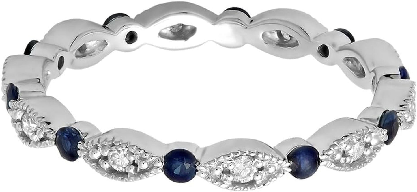 10K Gold round Blue Sapphire & White Diamond Ladies Wedding Eternity Band Stackable Ring