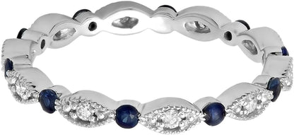 10K Gold round Blue Sapphire & White Diamond Ladies Wedding Eternity Band Stackable Ring