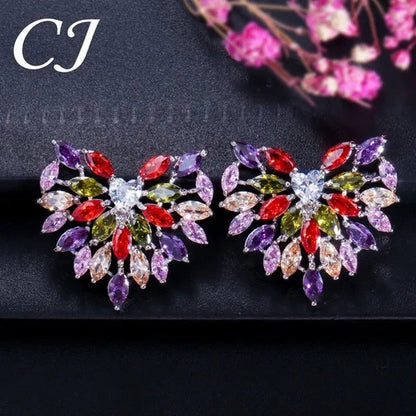 CANDICE New Fashion Women Heart Pendant Jewelry Set Pave Purple Red Green Marquise Cubic Zirconia Party Chain Necklace Big Stud Earrings Sets for Girls Gift