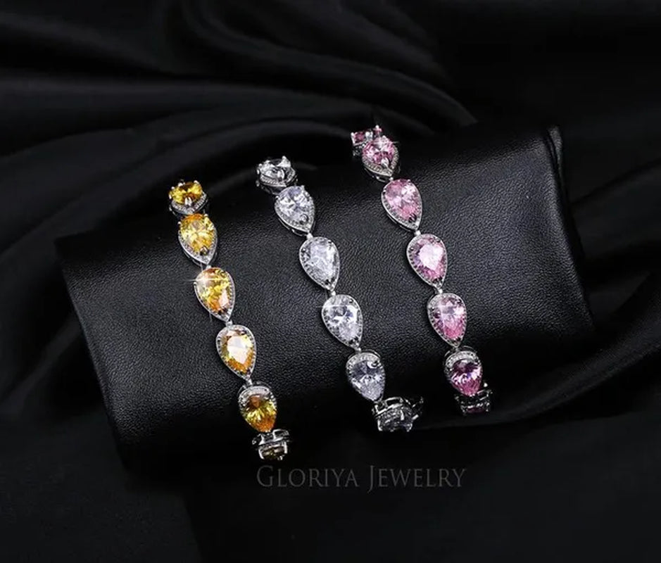 Gloriya Fashion Brand Dazzling Wedding Jewelry for Luxury Pear Cut CZ Zirconia Setting White Gold Plated Woman Party Bracelets Bangles（Size :18 Cm + 3 Cm）