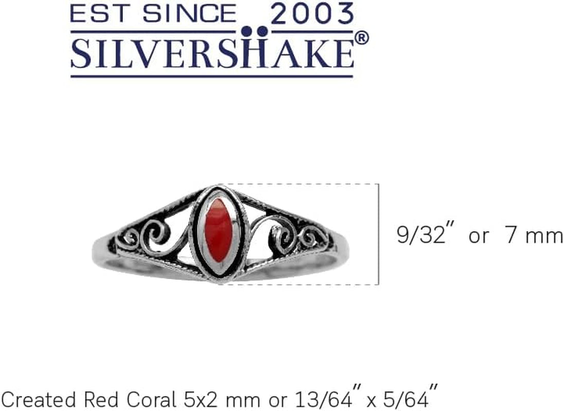 Petite Created Red Coral Inlay 925 Sterling Silver Filigree Swirl and Spiral Style Ring Size 5 - WORLD TIME VISITS
