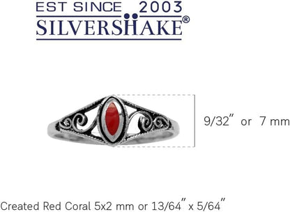 Petite Created Red Coral Inlay 925 Sterling Silver Filigree Swirl and Spiral Style Ring Size 5 - WORLD TIME VISITS