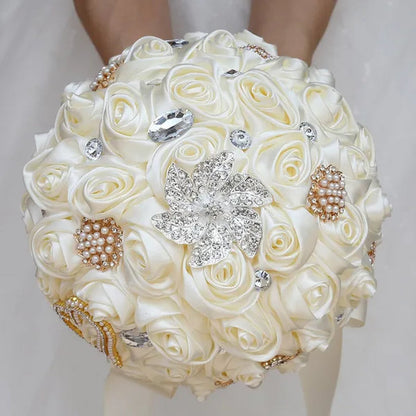 20CM Simulation Silk Rose Wedding Bouquet Diamond Pearl Brooch Bridal Bouquets Romantic Bridesmaid Holding Flowers - WORLD TIME VISITS