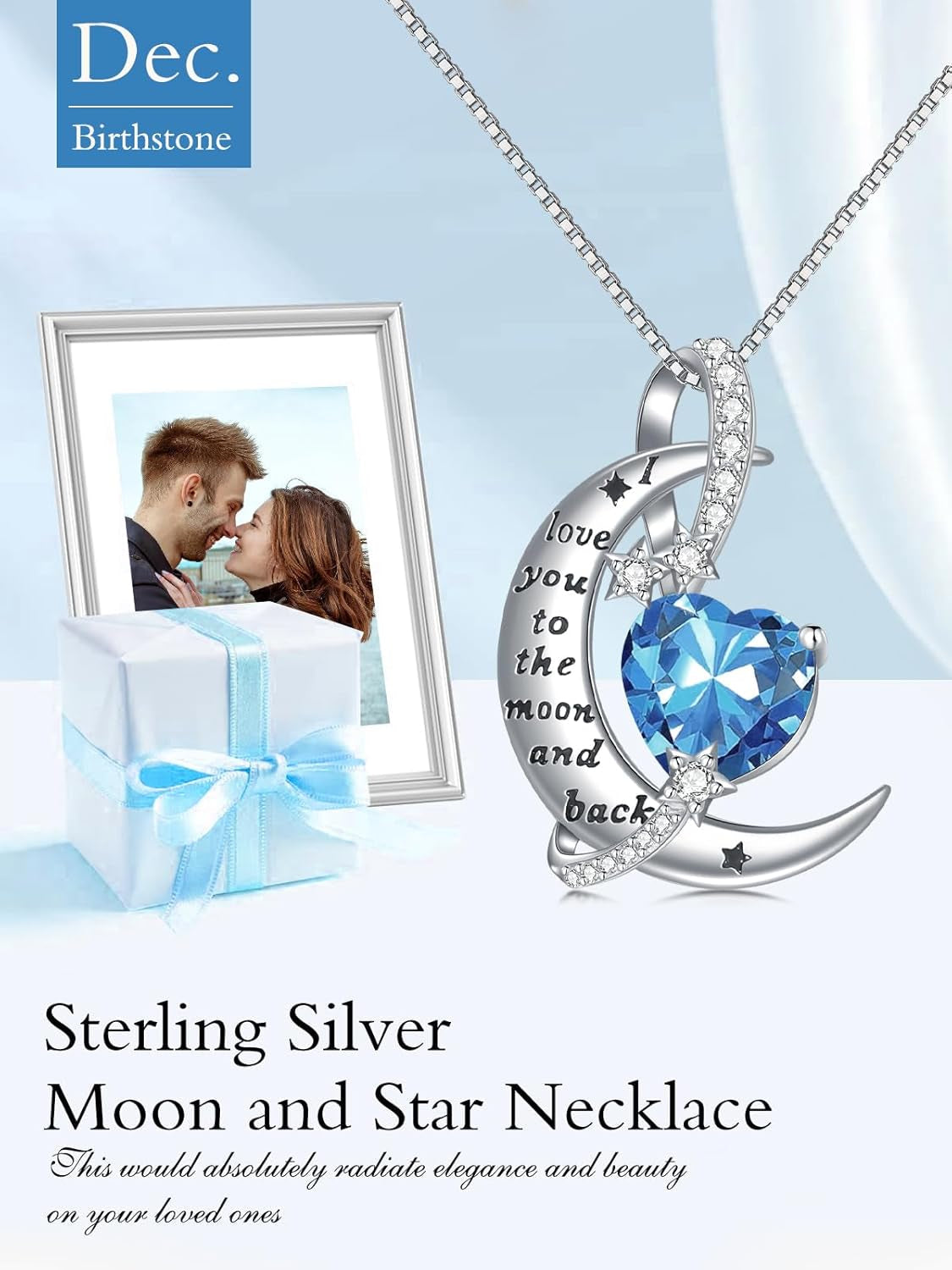 I Love You to the Moon and Back Necklace Sterling Silver Heart Birthstone Necklace Birthday Jewelry Gifts for Women