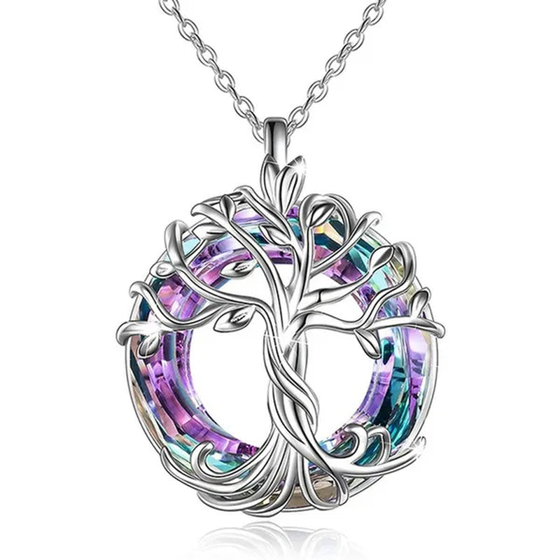 Exquisite Fashion Women'S Life Tree Necklace round Crystal Pendant Engagement Necklaces for Women Life Tree Jewelry Birthday Anniversary Gift