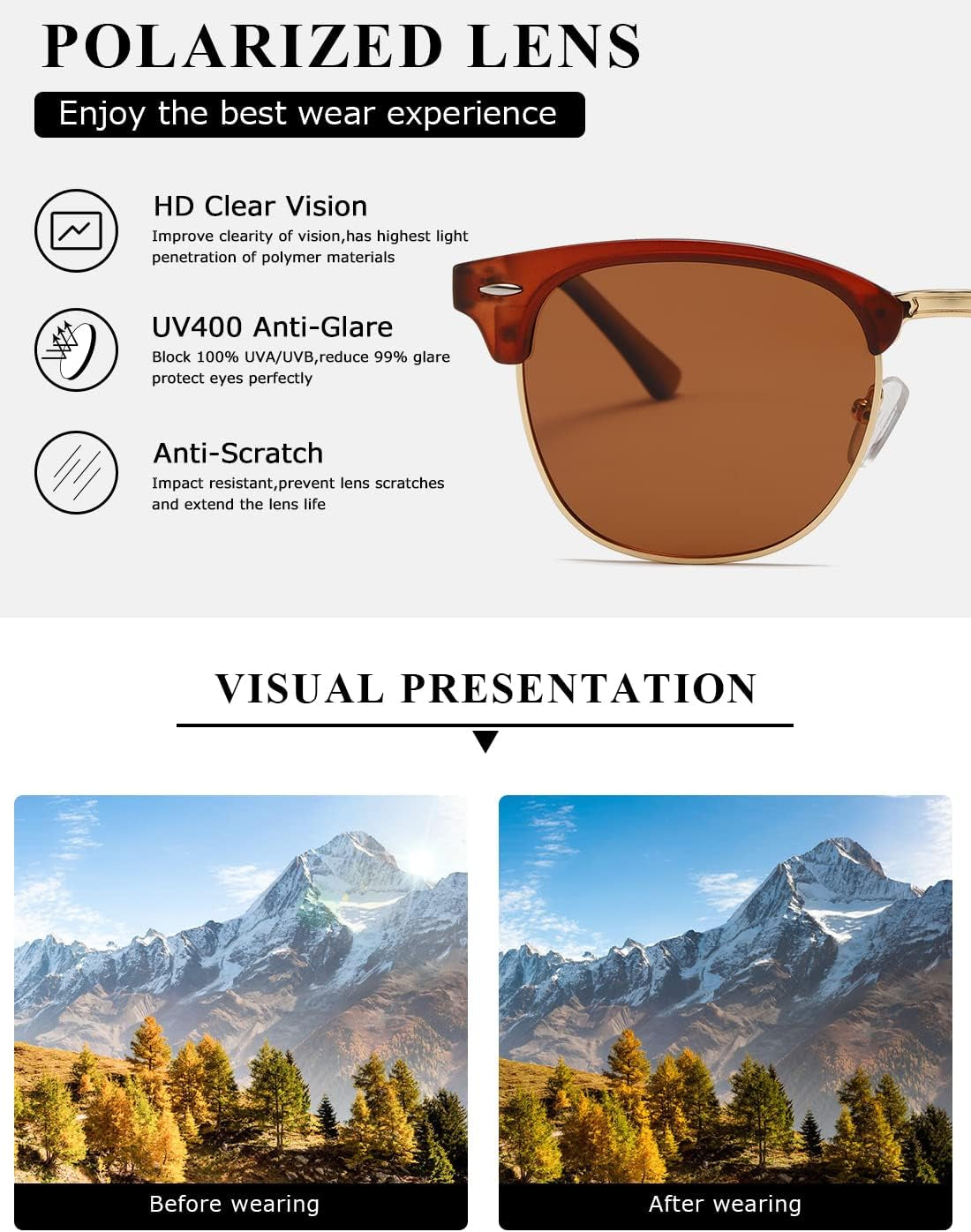Polarized Sunglasses for Women and Men Semi Rimless Frame Retro Sun Glasses AE0369