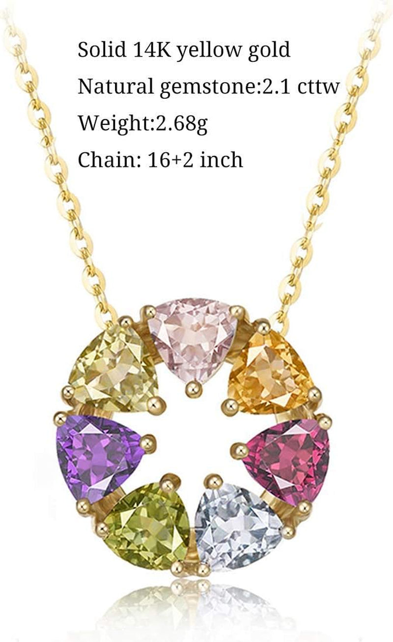 14K Solid Yellow Gold 2.1CTTW Pink Tourmaline Peridot Garnet Citrine Topaz Amethyst round Circle Multi Gemstone Pendant Necklace Fine Jewelry Mother'S Day Gift for Women Girls, 16" + 2" Extender