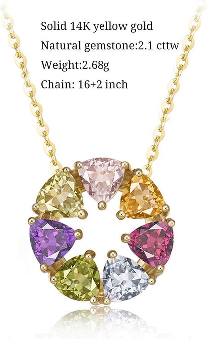 14K Solid Yellow Gold 2.1CTTW Pink Tourmaline Peridot Garnet Citrine Topaz Amethyst round Circle Multi Gemstone Pendant Necklace Fine Jewelry Mother'S Day Gift for Women Girls, 16" + 2" Extender