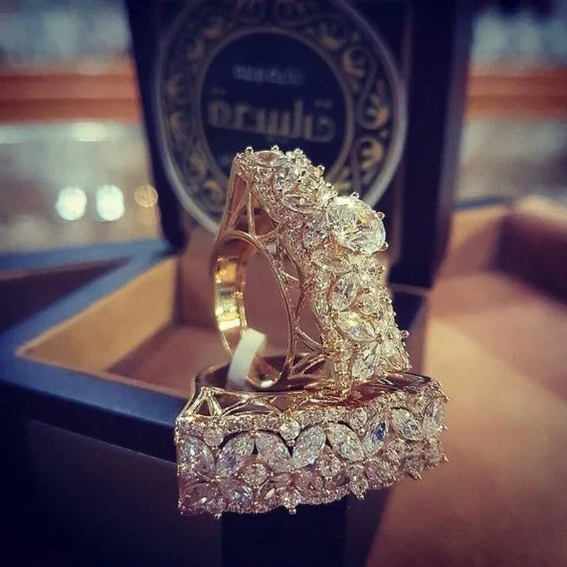 2Pcs/Set Classic Luxury Woman Fashion Jewelry Exquisite  Birthstone Ring Anniversary Gift Birthday Party Romantic Noble Princess Engagement Bridal Wedding Jewelry Set Size US4-12 Bague Femme