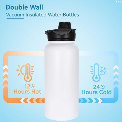 32 Oz Insulated Water Bottle Stainless Steel Metal Water Bottles with Leak Proof Straw Lid & Spout Lid, Wide Mouth Double Walled Vacuum Travel Sports Bottle, White