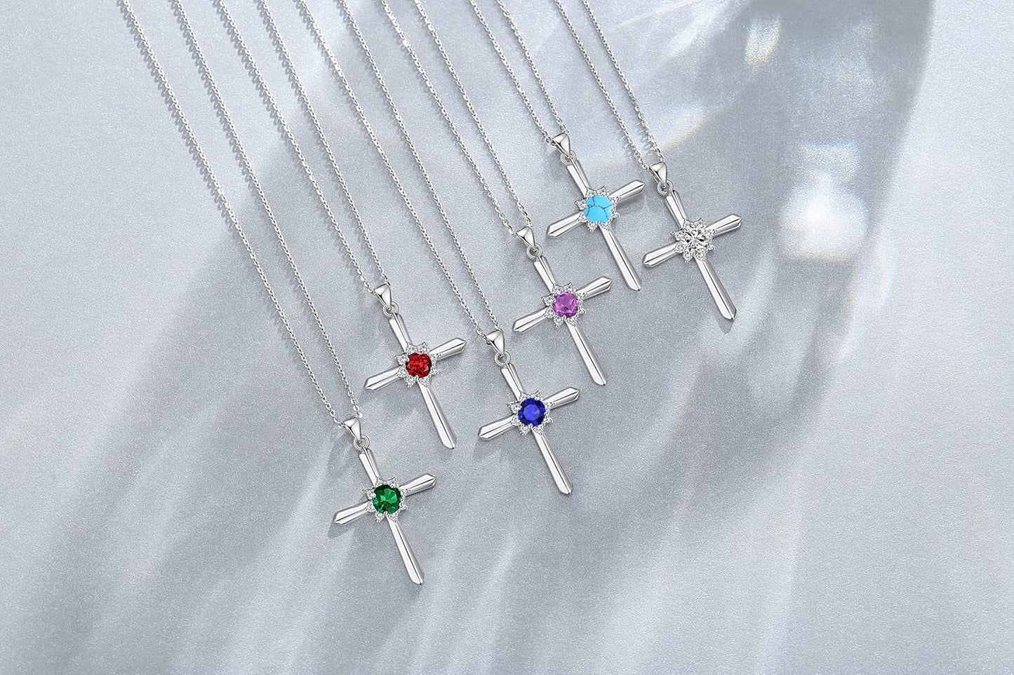 Birthstone Cross Necklace for Women Sterling Silver Birthstone Necklace Halo Infinity Cross Pendant Necklace Fine Jewelry Valentines Day Gifts Birthday Holiday Gifts for Her, 16"+2" Inches