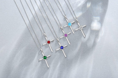 Birthstone Cross Necklace for Women Sterling Silver Birthstone Necklace Halo Infinity Cross Pendant Necklace Fine Jewelry Valentines Day Gifts Birthday Holiday Gifts for Her, 16"+2" Inches