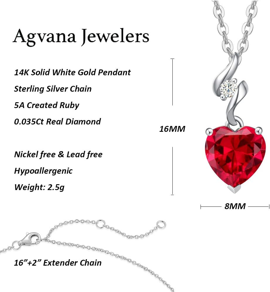 14K Solid White Gold Diamond Gemstone Pendant with Sterling Silver Chain 8Mm Heart Birthstone Necklace Fine Jewelry Anniversary Birthday Gifts for Women Mom Wife