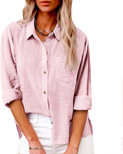 Women Cotton Linen Summer Tops Button down Shirts Dressy Causal Long Sleeve Gauze Blouses Trendy Boho Clothes 2024