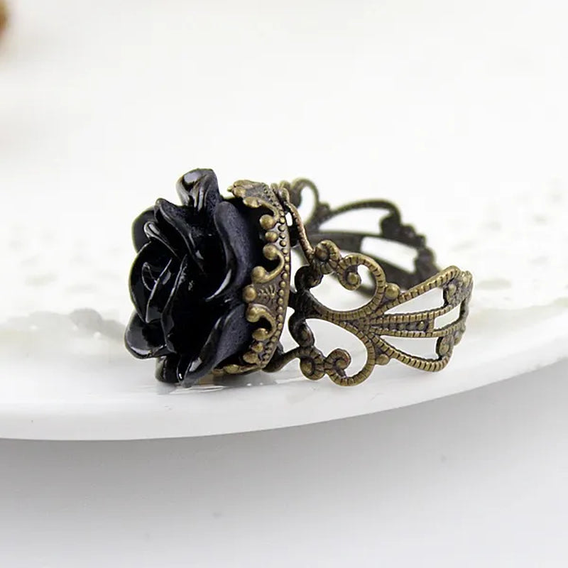 Gothic Black Rose Resin Vintage Hollow Out Alloy Rings fashion jewelry accessories