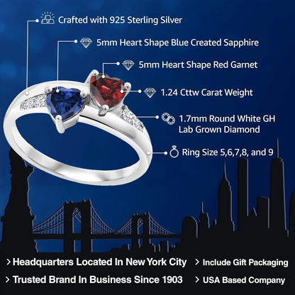 925 Sterling Silver Red Garnet and Blue Created Sapphire and Lab Grown Diamond Women Engagement Ring (1.24 Cttw. Heart Shape 5MM, Available in Size 5, 6, 7, 8, 9) - WORLD TIME VISITS