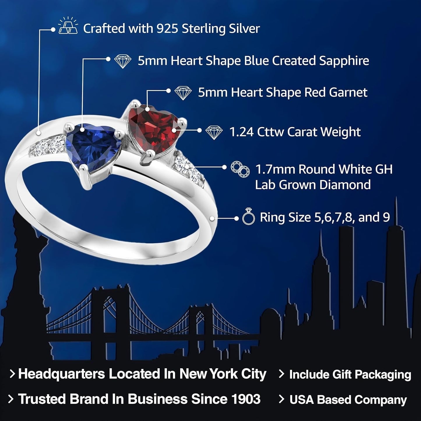 925 Sterling Silver Red Garnet and Blue Created Sapphire and Lab Grown Diamond Women Engagement Ring (1.24 Cttw. Heart Shape 5MM, Available in Size 5, 6, 7, 8, 9) - WORLD TIME VISITS