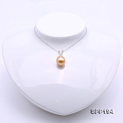 18K Gold Pendant 13X14Mm Oval Golden South Sea Cultured Pearl Pendant Necklace Dotted with Diamonds for Women