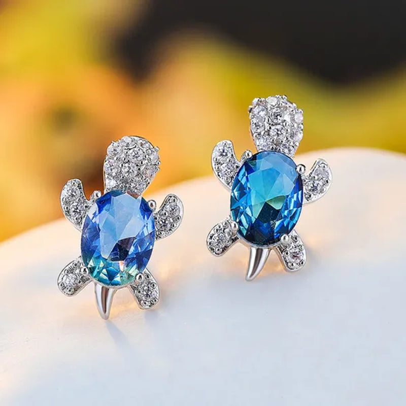 Ladies Cute Fashion Animal Turtle Silver Plated Sea Blue Sapphire Diamond Stud Earrings Girl Children Birthday Jewelry Gifts - WORLD TIME VISITS