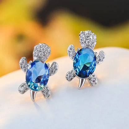 Ladies Cute Fashion Animal Turtle Silver Plated Sea Blue Sapphire Diamond Stud Earrings Girl Children Birthday Jewelry Gifts - WORLD TIME VISITS