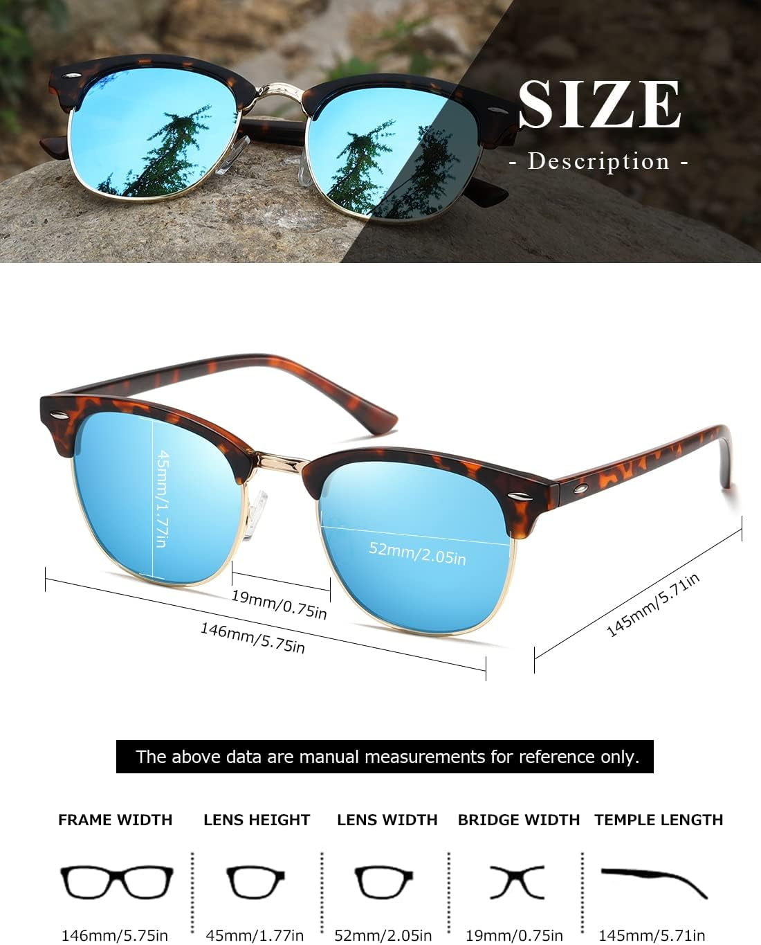 Polarized Sunglasses for Women and Men Semi Rimless Frame Retro Sun Glasses AE0369