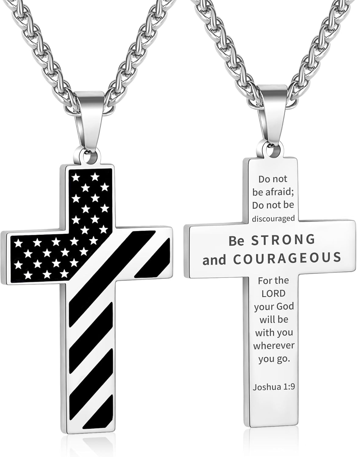 American Flag Cross Necklace Stainless Steel Bible Verse Pendant Men Military Religious Jewelry Gift 20+3 Inch Chain - WORLD TIME VISITS