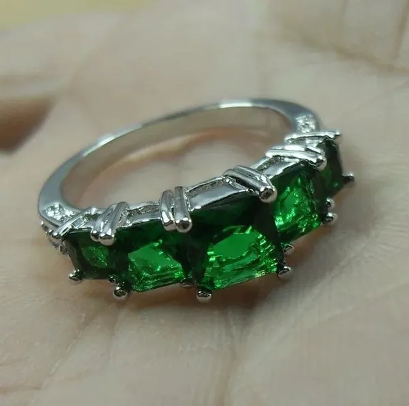 Natural 3.28CT Emerald Diamond 14K White Gold Ring Size 6-10