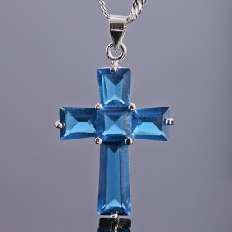 Cross Pendant with 18" Chain & Trapezoid Square Cut CZ [7 Colors Available] in White Gold Plated, Simple Modern Elegant