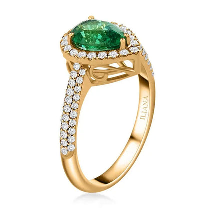 Shop LC ILIANA 18K Yellow Gold Pear AAA Emerald White Real Diamond Halo Ring Ct 1.3 G-H Color SI1 Clarity