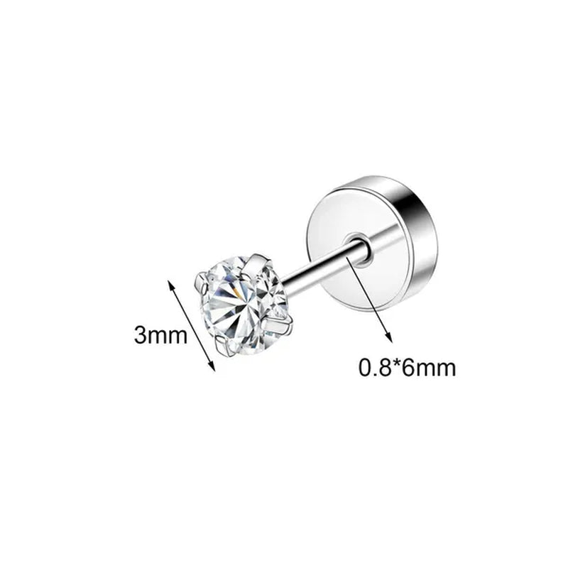 1 Pair Stainless Steel White Zircon Stud Earrings for Women Men Claw Earring Ear Helix Cartilage Piercings Flat Back Earrings Jewelry 20G