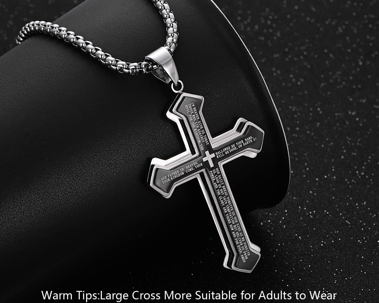 Men'S Stainless Steel Nail Lord'S Prayer Cross Pendant Necklace for Men Women Big Pendant and Strong Chain 24"