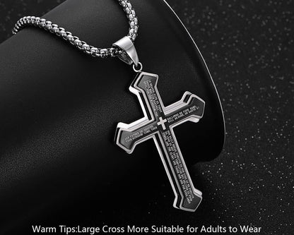 Men'S Stainless Steel Nail Lord'S Prayer Cross Pendant Necklace for Men Women Big Pendant and Strong Chain 24"