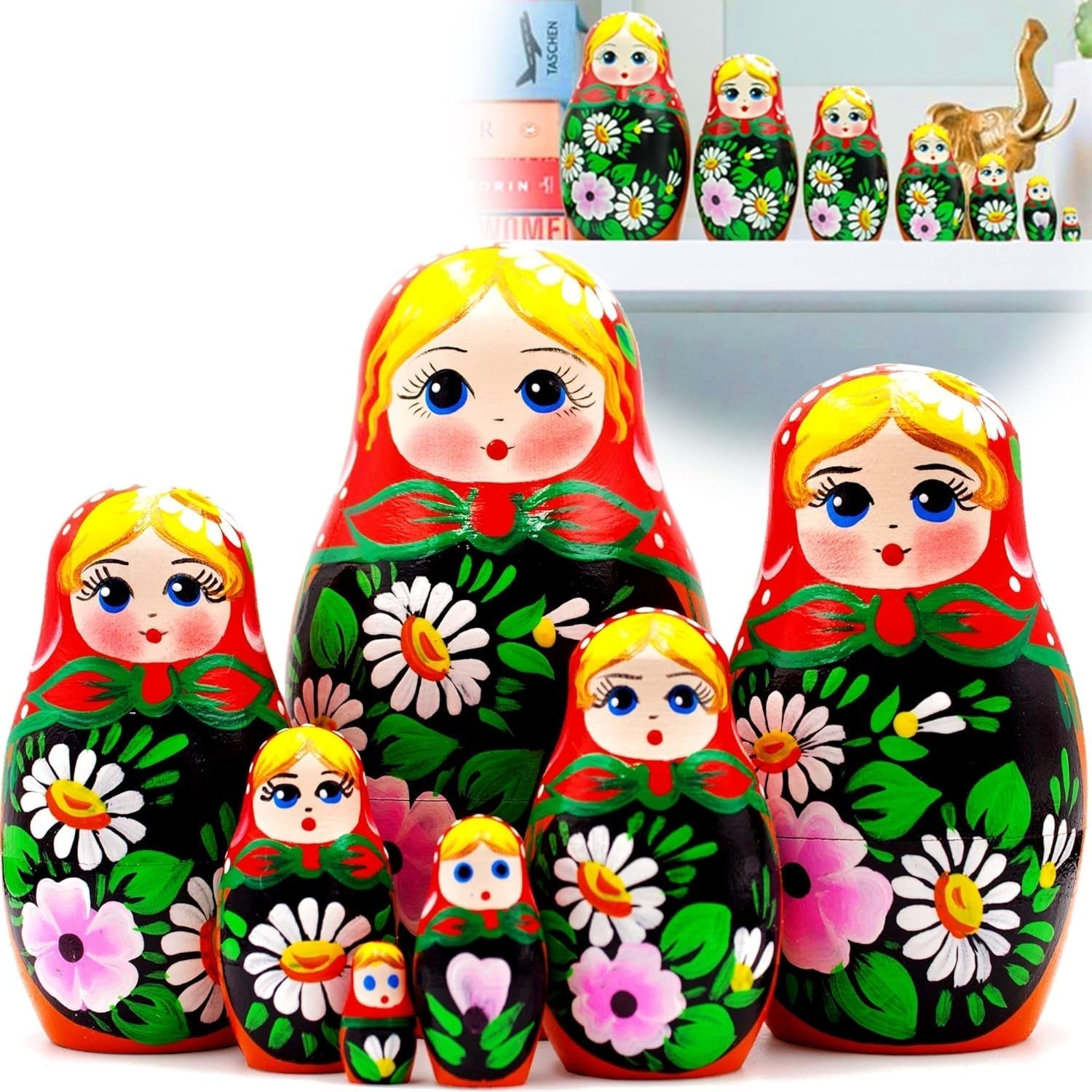 Russian Nesting Dolls Set of 7 Pcs - Matryoshka Doll with Hand Painted Bouquet of Lily and Daisy Flowers - Flower Summer Decorations - WORLD TIME VISITS