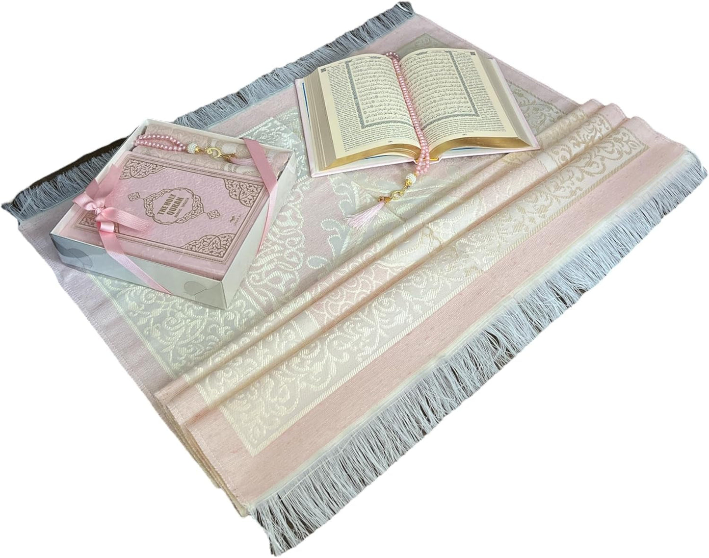 English Translate Thermo Leather Covered Quran, Tafta Prayer Mat and Beads Set |Quran Size:8X5.5X1.2 İnch/20X14X3Cm | Muslim Prayer Mat | Great Ramadan Gifts for Muslim Men,Women (Pink, 1 Sets)