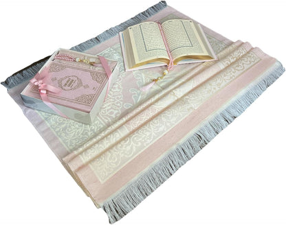 English Translate Thermo Leather Covered Quran, Tafta Prayer Mat and Beads Set |Quran Size:8X5.5X1.2 İnch/20X14X3Cm | Muslim Prayer Mat | Great Ramadan Gifts for Muslim Men,Women (Pink, 1 Sets)