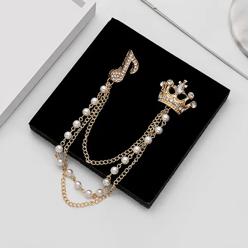 High-End Diamond-Encrusted Crown Note Pearl Tassel Brooch British Suit Pin Collar Badge