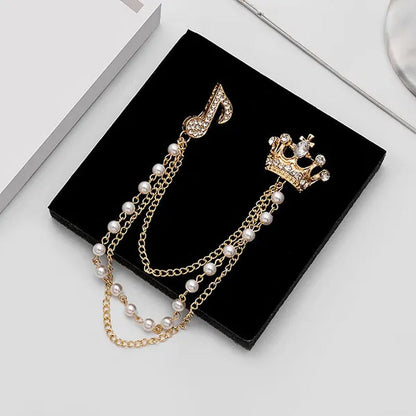 High-End Diamond-Encrusted Crown Note Pearl Tassel Brooch British Suit Pin Collar Badge