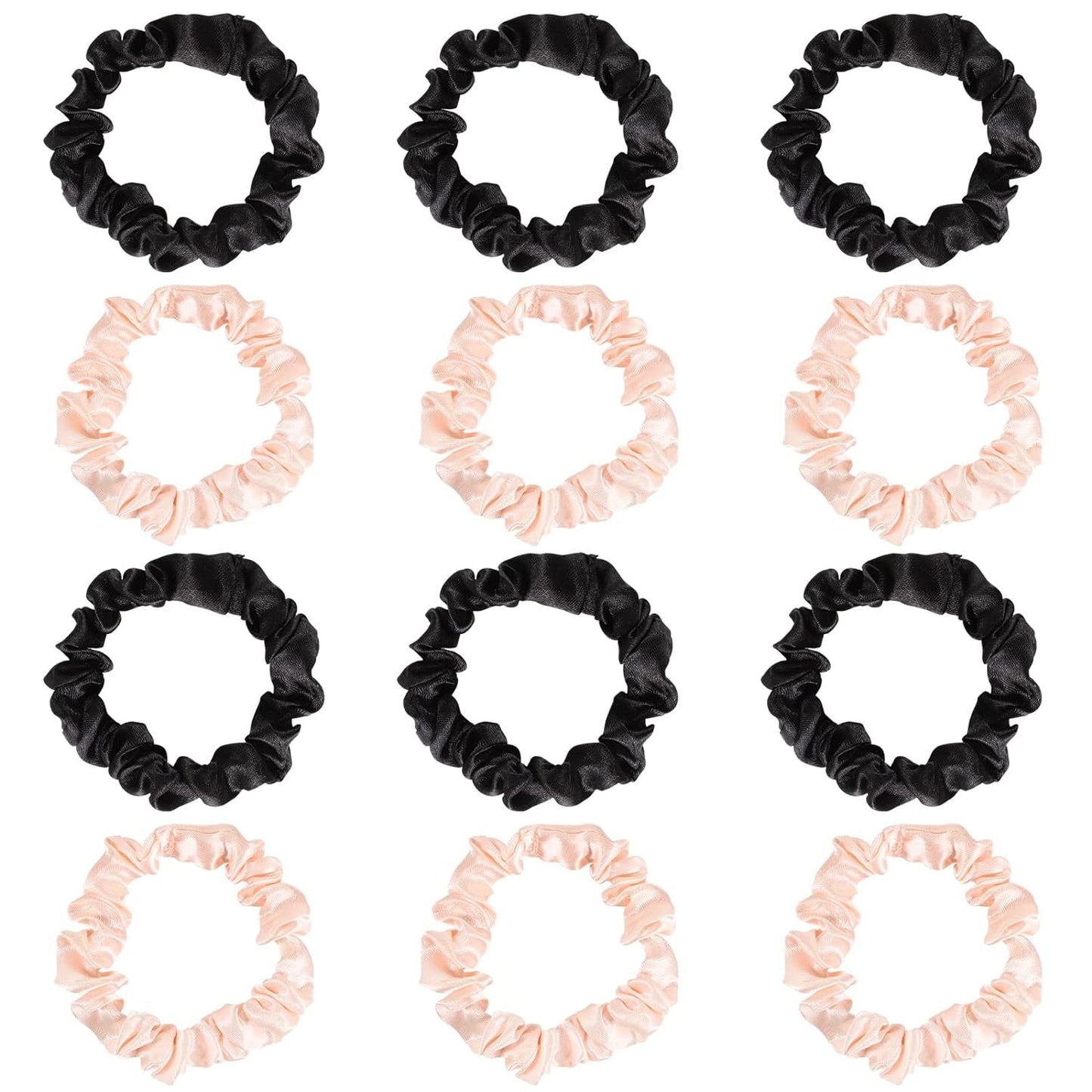 12Pcs Satin Elastic Hair Scrunchies, Silk Satin Hair Ties Elastics Ponytail Holders for Women Girls Valentine'S Day Gifts (Blush,Black)