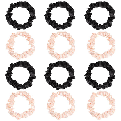12Pcs Satin Elastic Hair Scrunchies, Silk Satin Hair Ties Elastics Ponytail Holders for Women Girls Valentine'S Day Gifts (Blush,Black)