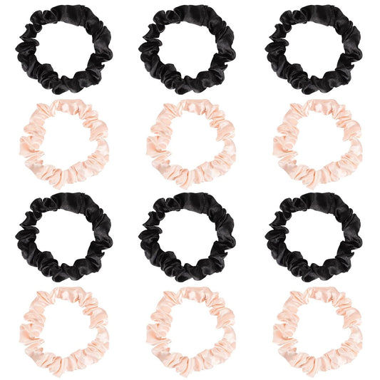 12Pcs Satin Elastic Hair Scrunchies, Silk Satin Hair Ties Elastics Ponytail Holders for Women Girls Valentine'S Day Gifts (Blush,Black)