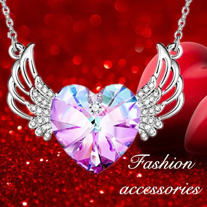 Luxury Fashion Women'S Diamond Wings Heart Crystal Necklace Angel Wings Diamond Pendant Wedding Necklace Women'S Princess Jewelry Birthday Anniversary Gift
