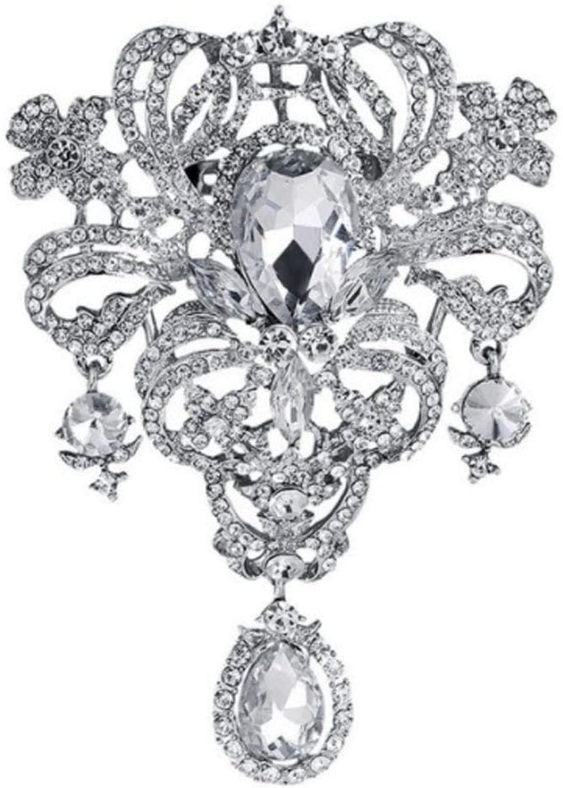 Extra LARGE Antique Vintage Art Deco Victorian Style Silver Tone Imitation Diamond Clear Rhinestone Statement Bridal Wedding Brooch Pin - WORLD TIME VISITS
