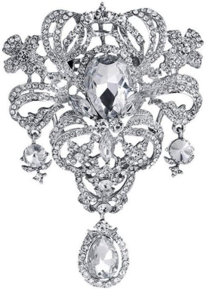 Extra LARGE Antique Vintage Art Deco Victorian Style Silver Tone Imitation Diamond Clear Rhinestone Statement Bridal Wedding Brooch Pin - WORLD TIME VISITS