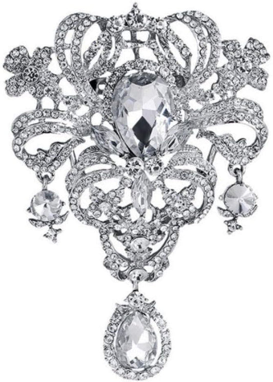 Extra LARGE Antique Vintage Art Deco Victorian Style Silver Tone Imitation Diamond Clear Rhinestone Statement Bridal Wedding Brooch Pin - WORLD TIME VISITS