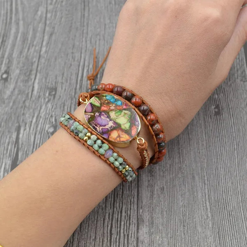 Vintage Boho Handmade Turquoise Charm Natural Stone Beads Bracelets Adjustable Wrap Leather Bracelet Jewelry