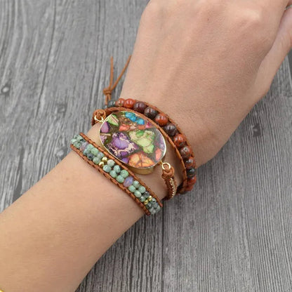 Vintage Boho Handmade Turquoise Charm Natural Stone Beads Bracelets Adjustable Wrap Leather Bracelet Jewelry