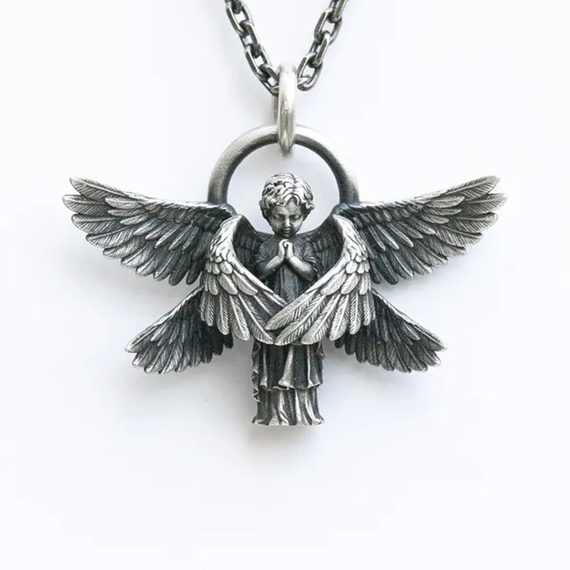 925 Sterling Silver Classic Angel Pendant Necklace Handmade Seraphim Pray Pendant Long Chain Neck for Men Women Jewelry