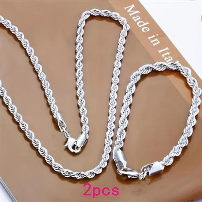 Fashion and Exquisite Men and Women 925 Silver Solid Silver 4Mm Rope Chain Necklace Bracelet (Necklace + Bracelet)