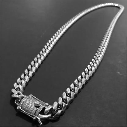 New Fashion Jewelry 18K Gold / 925 Silver Plated Men Cuban Miami Link Necklace Stainless Steel Diamond Clasp Hip Hop Iced Out Gold Chain Necklace